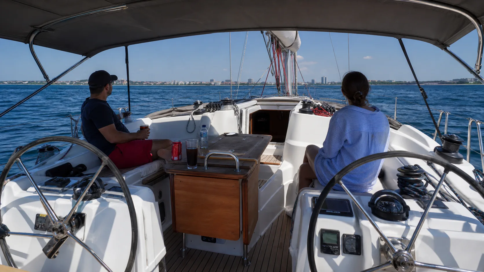Comfortable shaded cockpit on the yacht