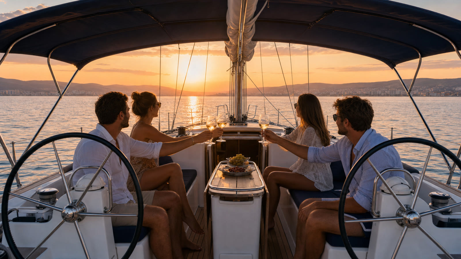 Friends toasting at sunset in the yacht cockpit